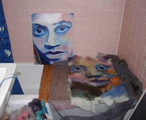 Lucy Mahler Miriam Milgram collaborative felt portrait in progress